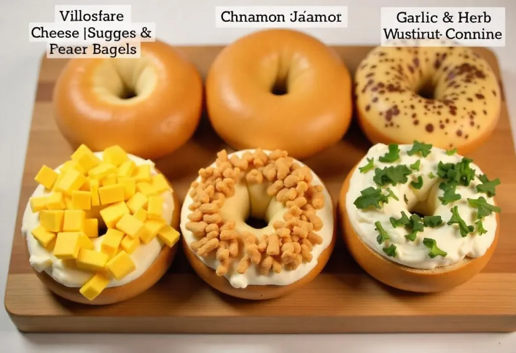 Assorted cottage cheese bagels with various toppings