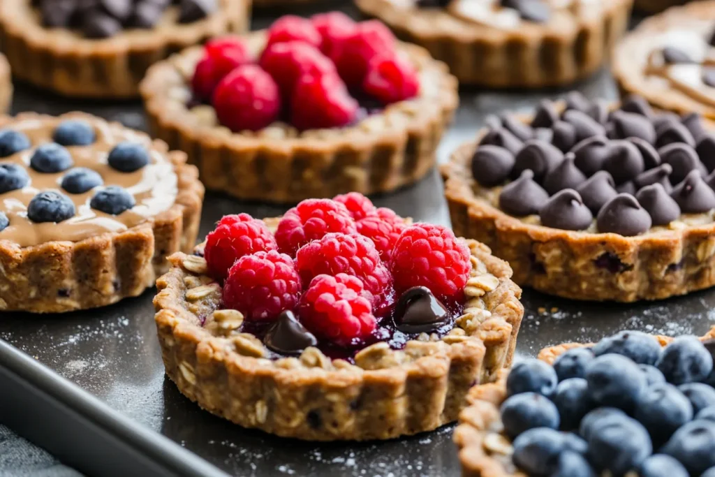 Various flavored protein oatmeal cream pies on a tray