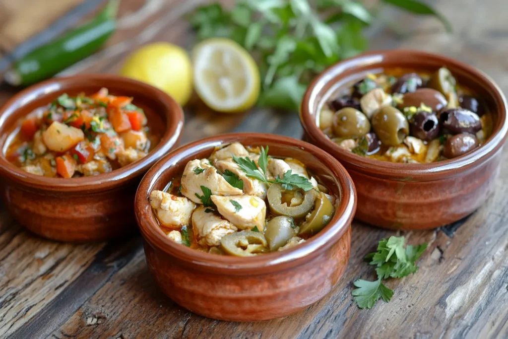 Three different versions of stoved chicken in bowls