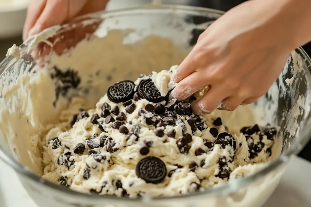 Mixing cookie dough with Oreos and chocolate chips