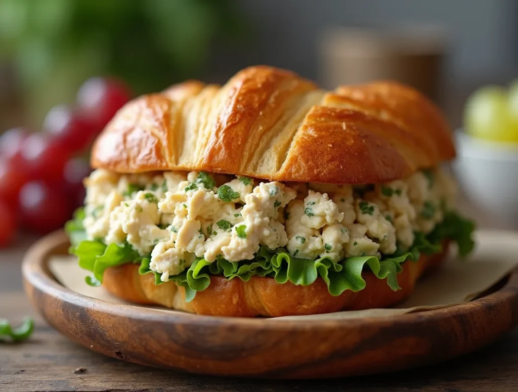 Chicken salad sandwich with grapes on a rustic wooden plate