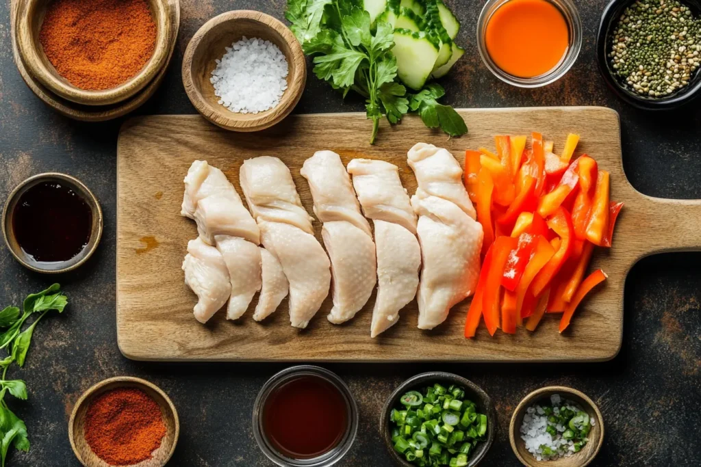 Raw ingredients for hibachi chicken on cutting board