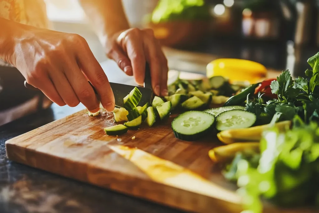 Chopping cucumbers and avocados on a cutting board