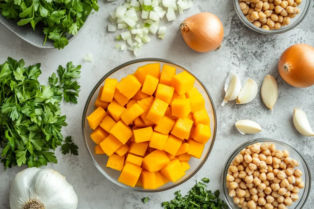 Fresh ingredients for the casserole laid out on a countertop.