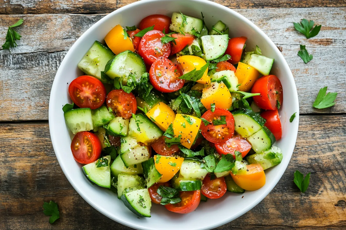 Colorful bowl of cucumber tomato avocado salad on rustic table