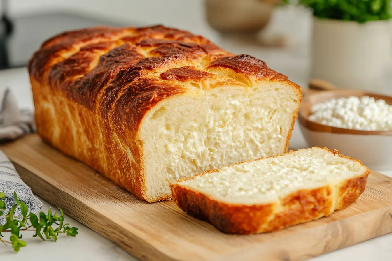 Homemade cottage cheese bread loaf on a wooden cutting board