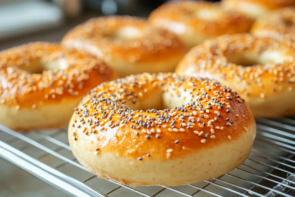 Homemade protein bagels cooling on rack