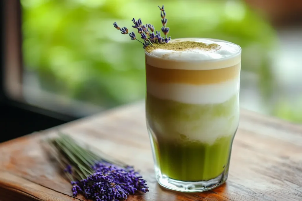 Glass of iced lavender matcha latte with foam