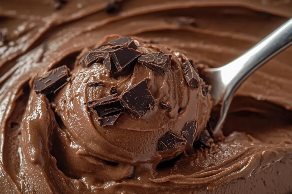Close-up spoonful of chocolate brownie batter frosty