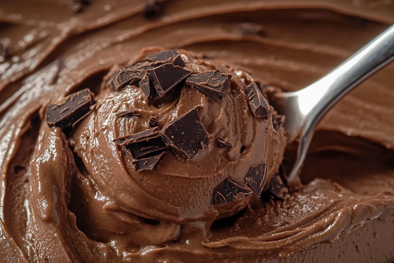Close-up spoonful of chocolate brownie batter frosty