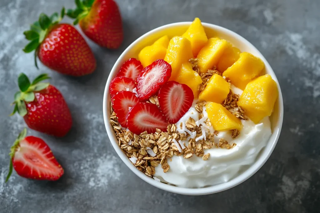 Mango yogurt swirl in a white bowl with toppings