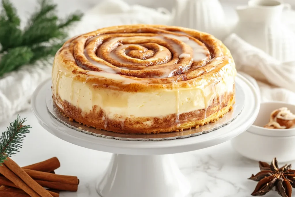 Whole cinnamon roll honeybun cheesecake with glaze drizzle