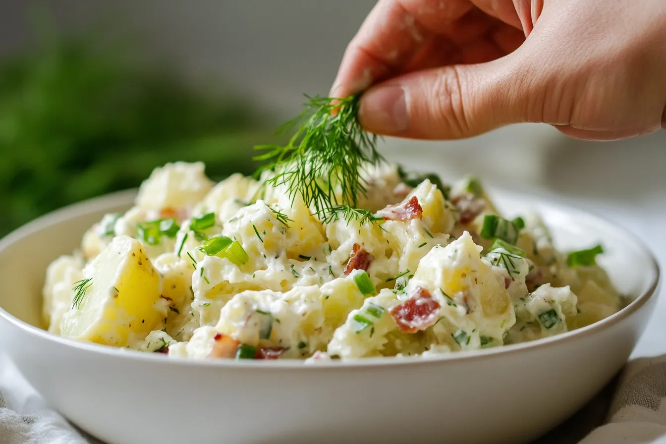 Garnishing smashed potato salad with fresh dill