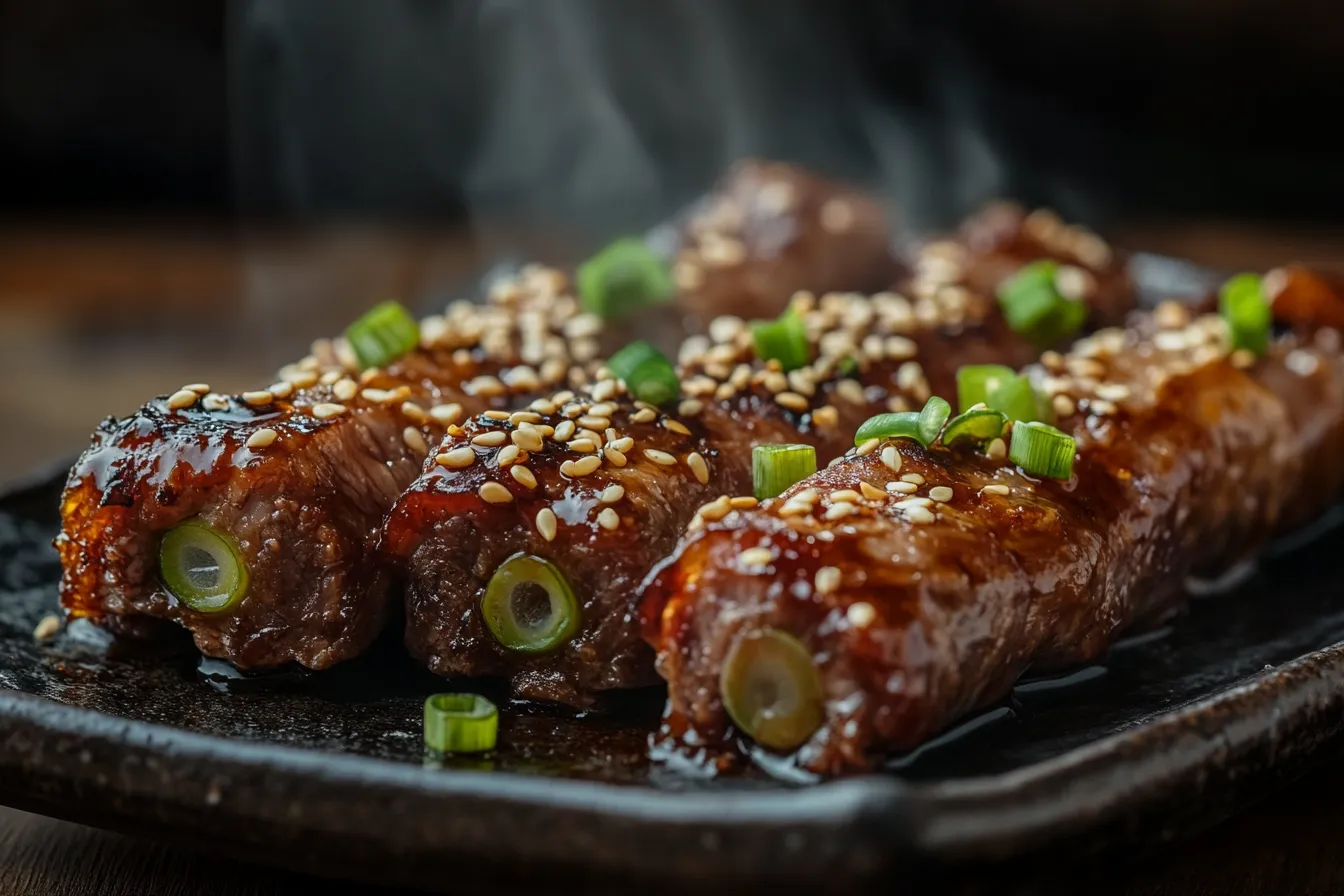 Close-up of glazed enoki beef rolls on a ceramic plate