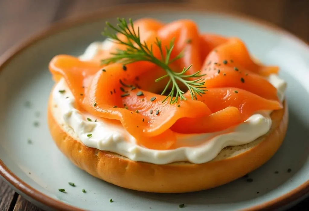 Cottage cheese bagel with smoked salmon and cream cheese
