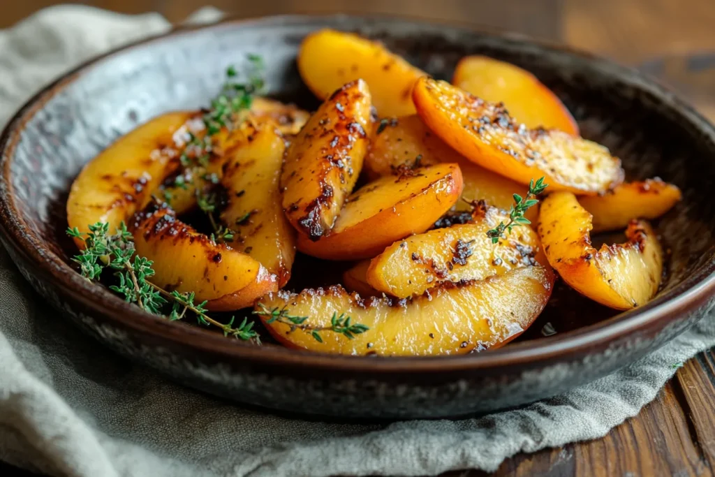 Caramelized peaches with herbs and balsamic drizzle