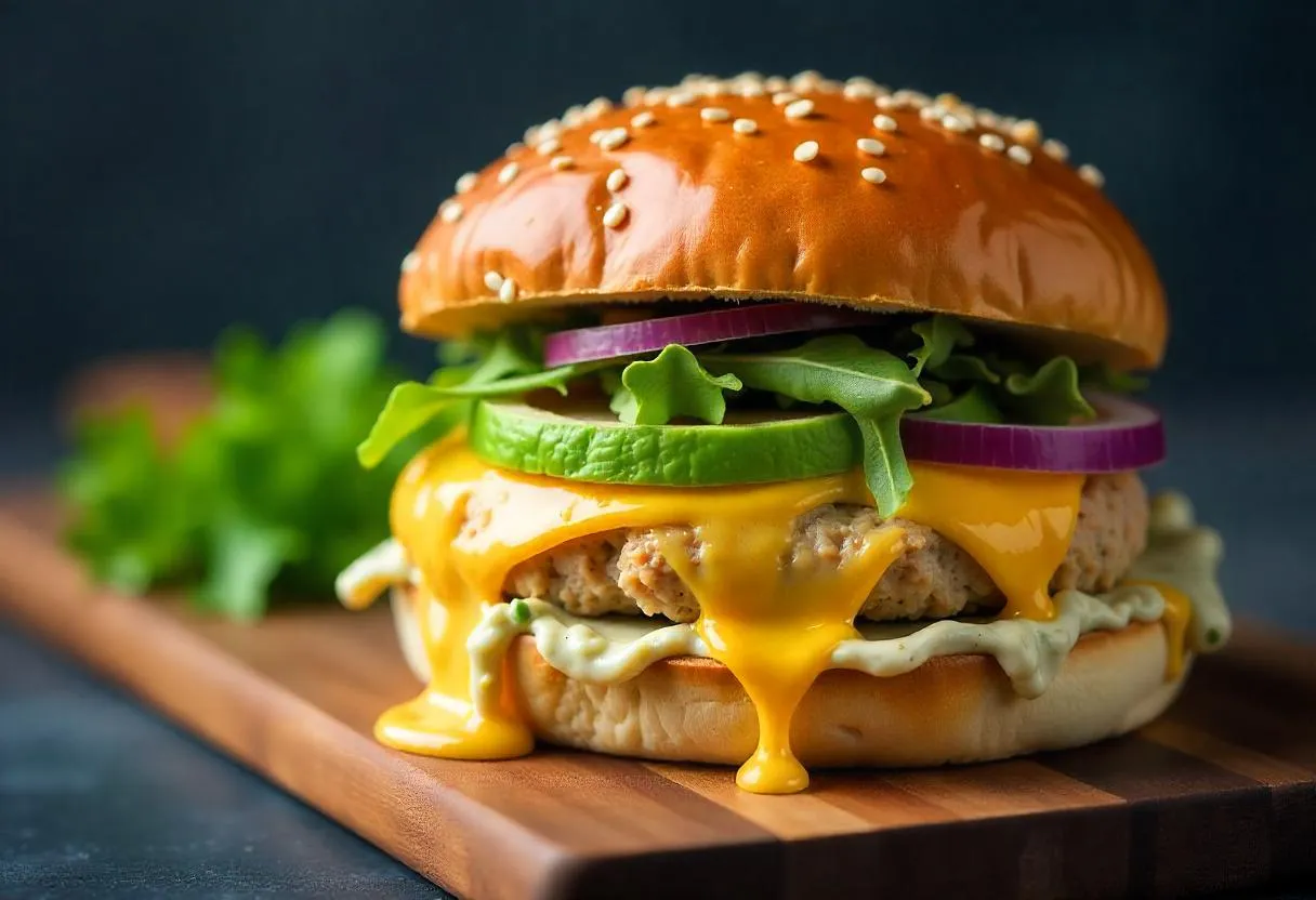 Turkey burger topped with cheese and avocado