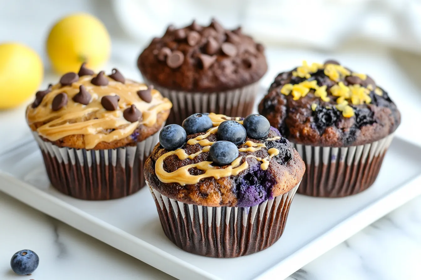 Different variations of protein muffins with chocolate chips, blueberries, and lemon zest