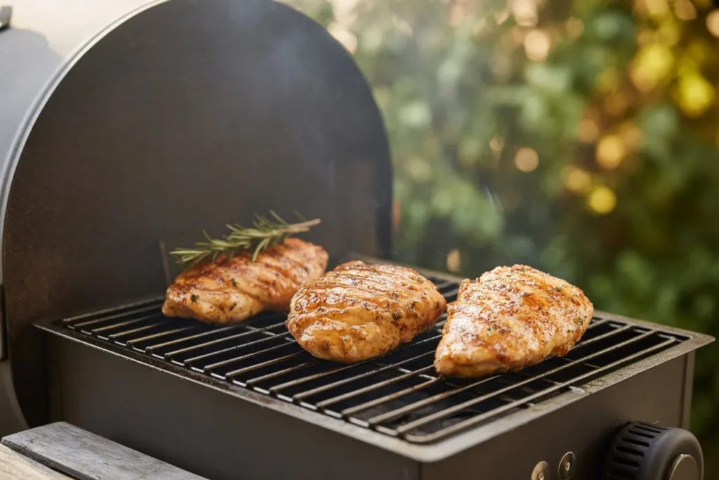 Juicy chicken breasts cooking on a pellet grill