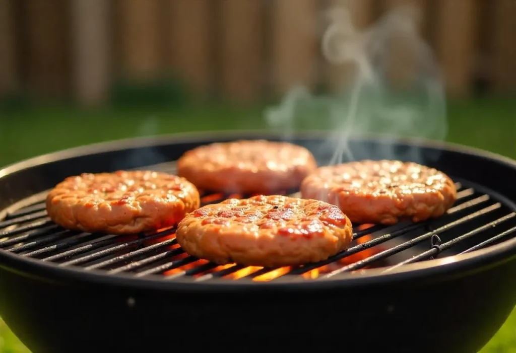 Turkey burgers sizzling on a grill