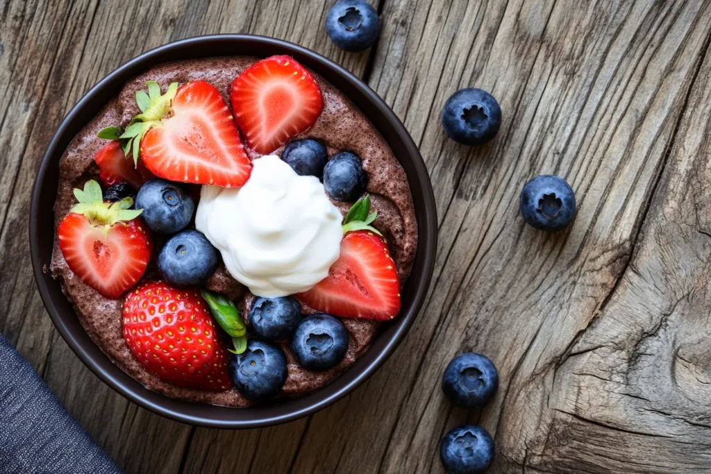 serving of brownie batter with berries and yogurt