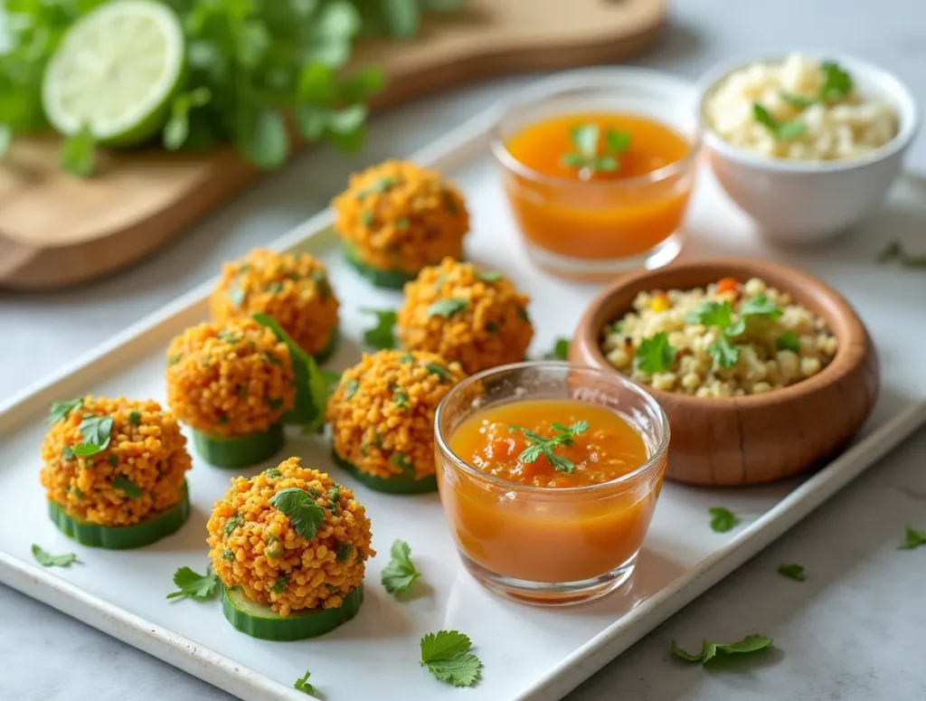 Healthy Indian snacks like cucumber bites and bhel cups