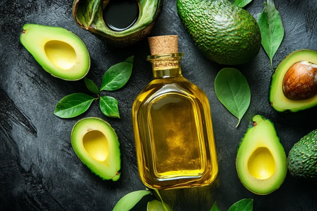 A bottle of avocado oil with whole avocados and nutrition chart