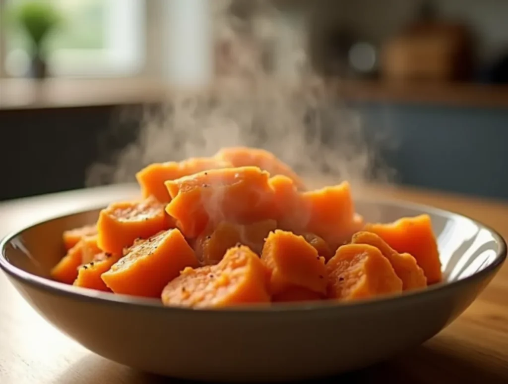 Nutrient-rich steamed sweet potatoes in a bowl