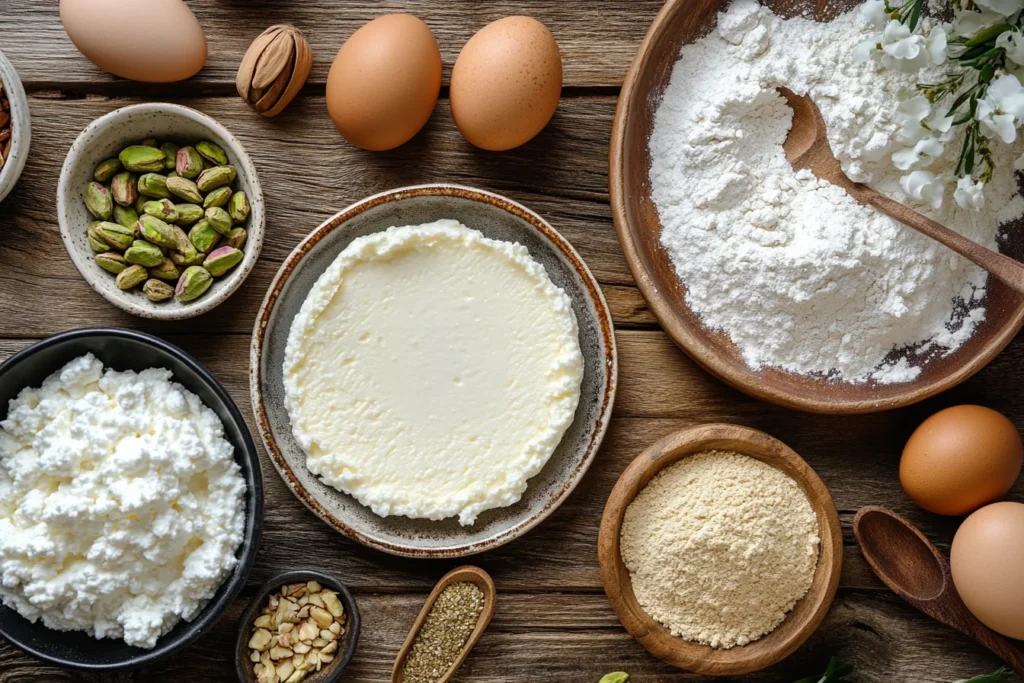 Ingredients for pistachio cottage cheese cheesecake laid out on a table