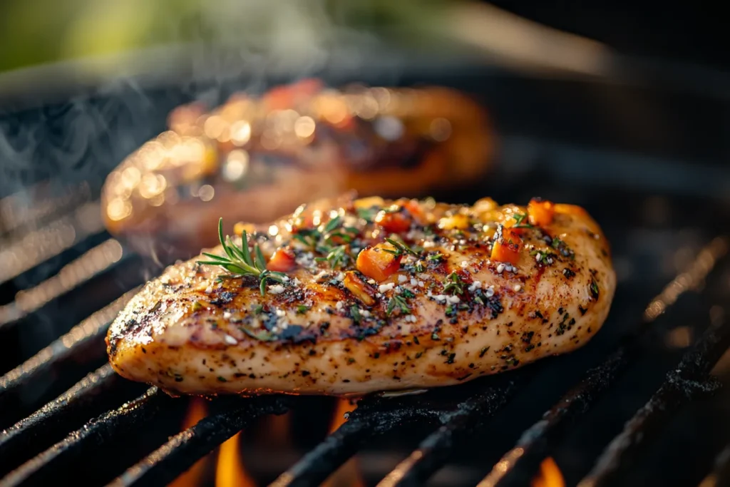 Grilled chicken breast being cooked