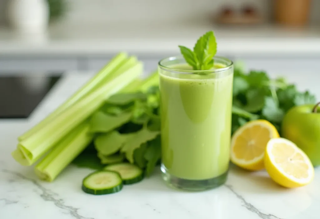 A glass of green detox juice with cucumber, apple, and celery on the side