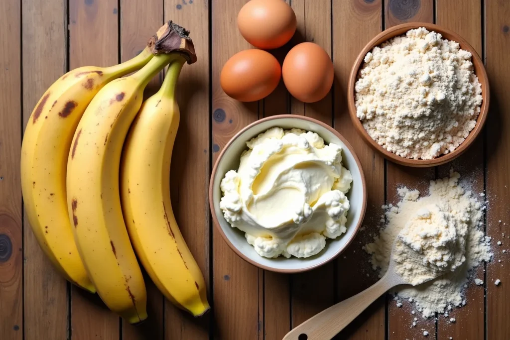 Ingredients for making cottage cheese banana bread on a wooden table