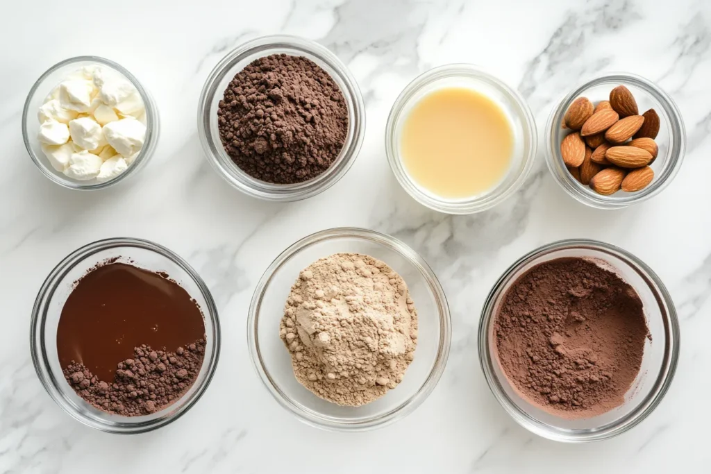 ingredients for protein brownie batter on kitchen counter