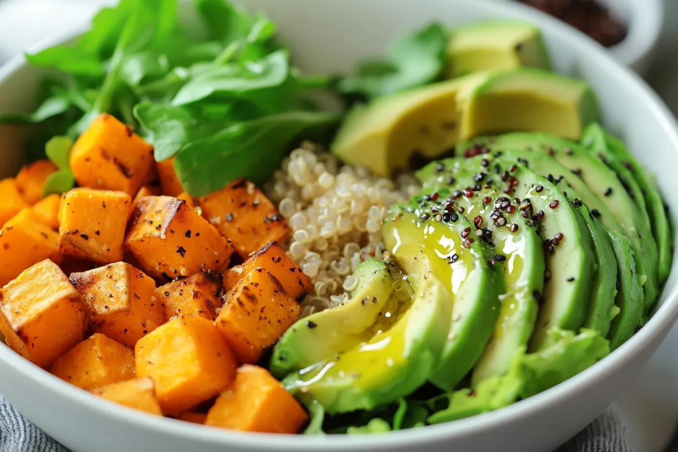 Sweet potato salad with avocado and greens