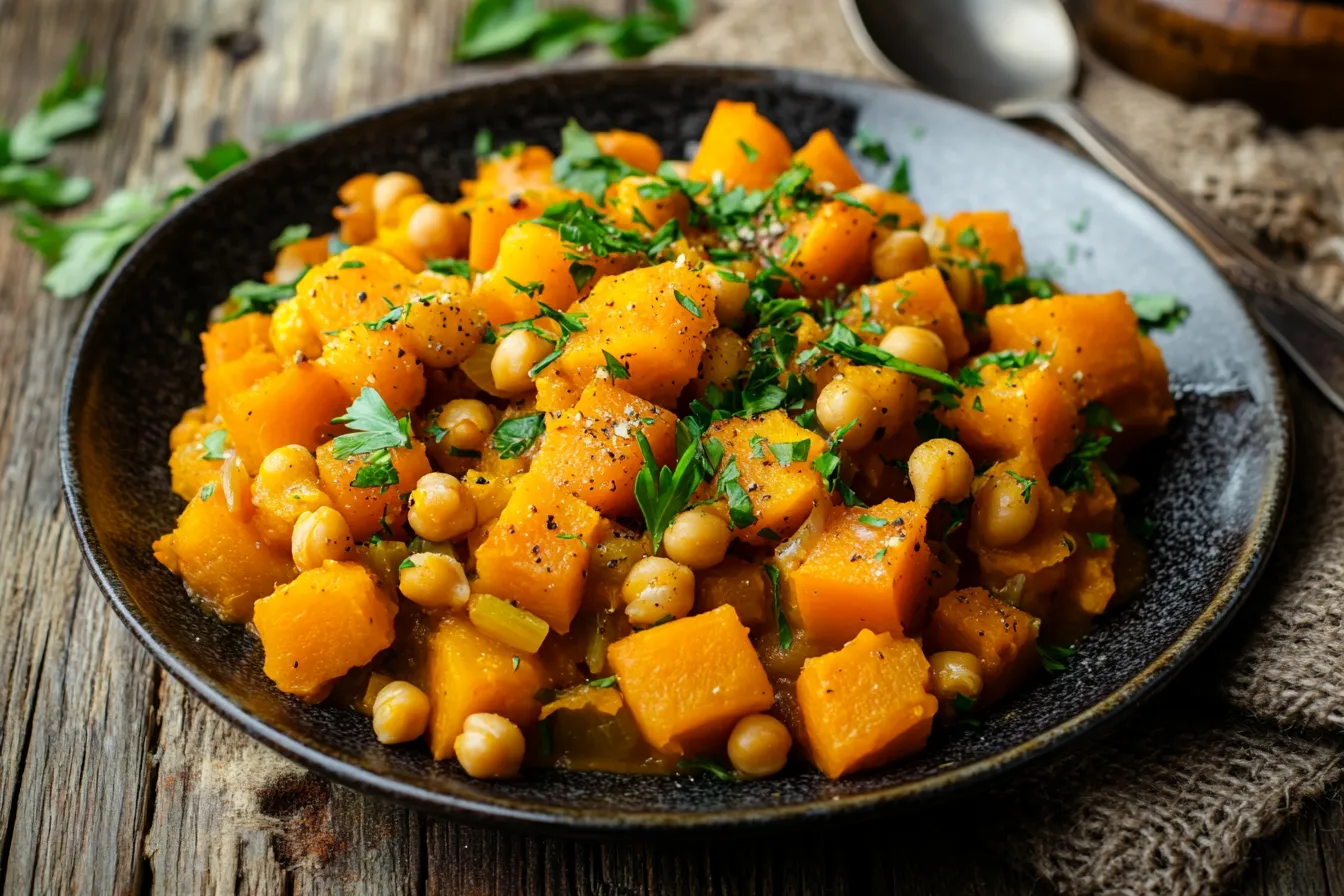 A serving of butternut squash and chickpea casserole on a plate.