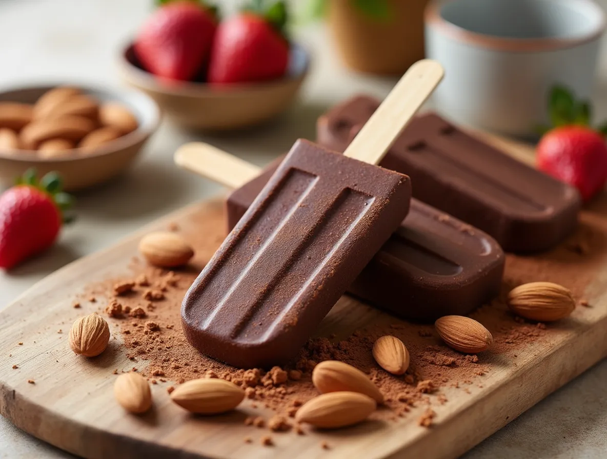 Chocolate cottage cheese fudgesicles served with nuts and fruit