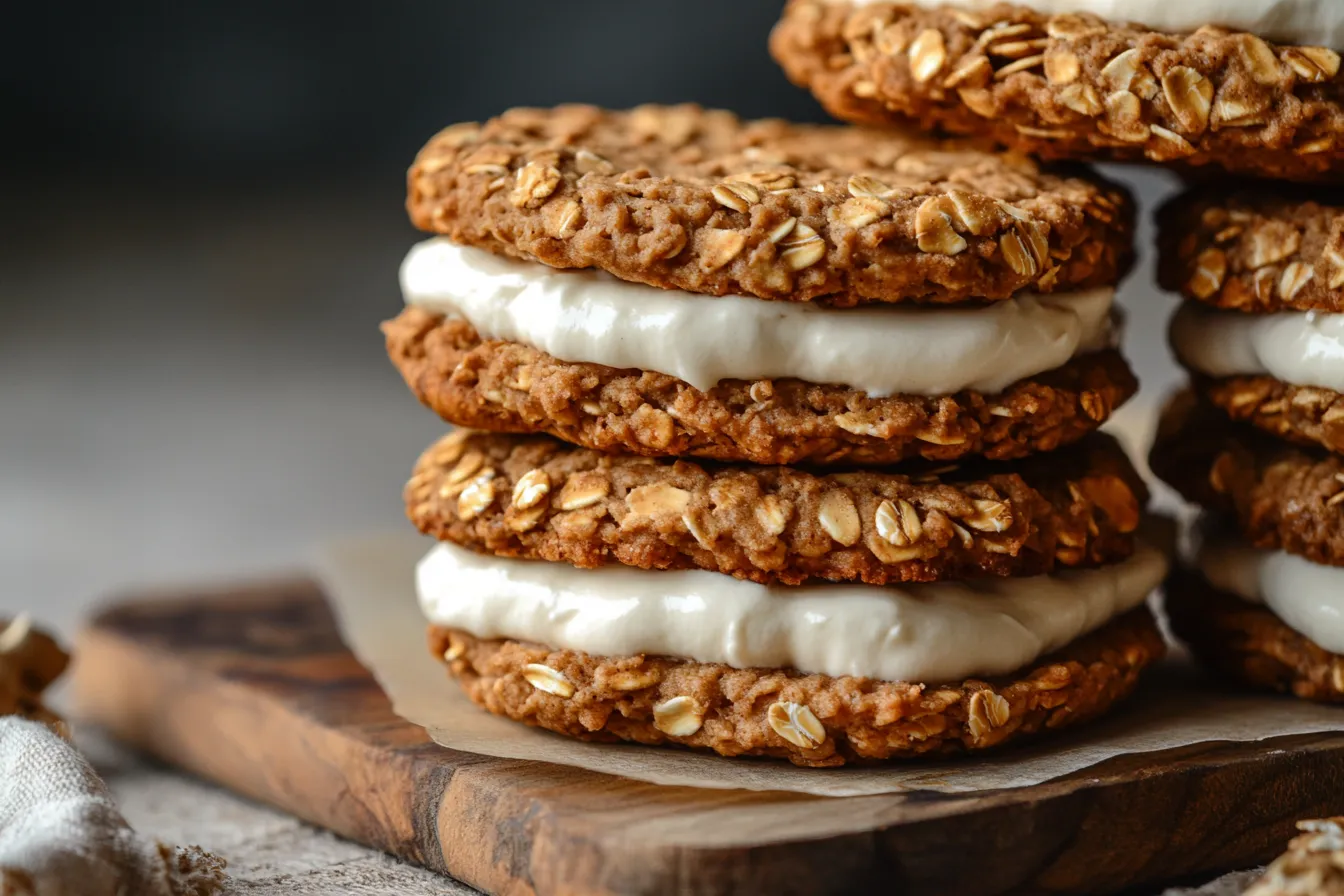 Stack of homemade protein oatmeal cream pies on a wooden board