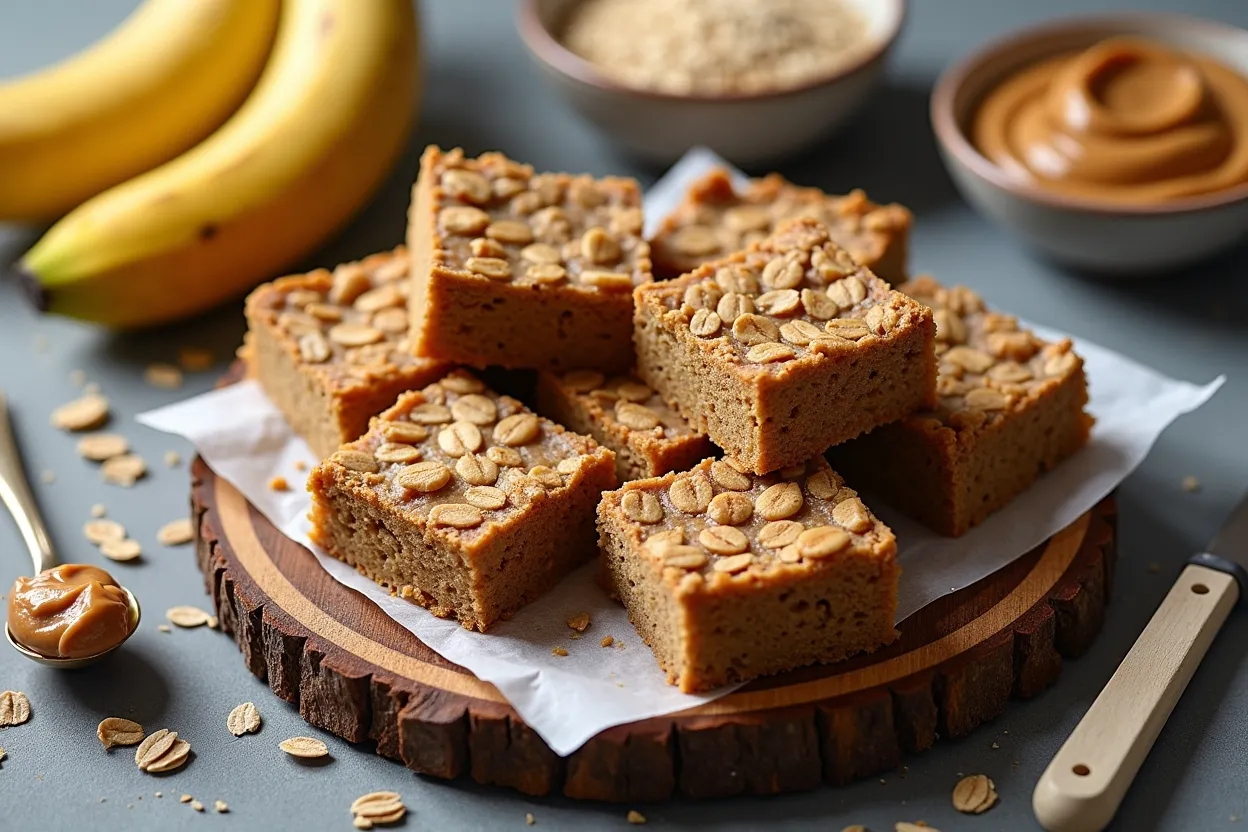 Banana oat bars on a rustic wooden board with ingredients