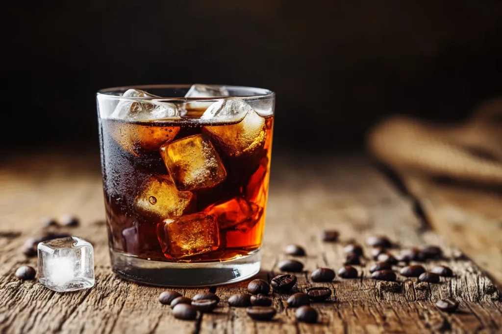 Iced glass of homemade cold brew coffee on a wooden table