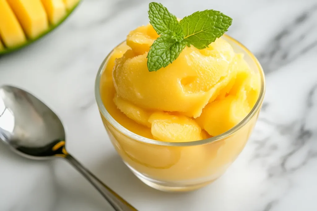 Scoop of mango sorbet in a glass dessert cup