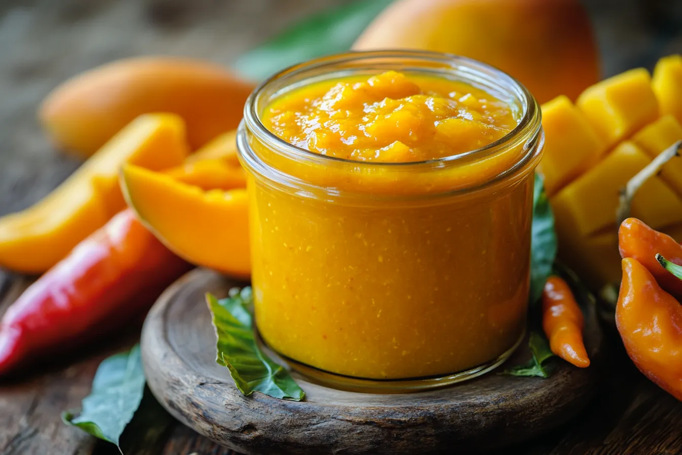 “Homemade mango habanero sauce in a jar”
