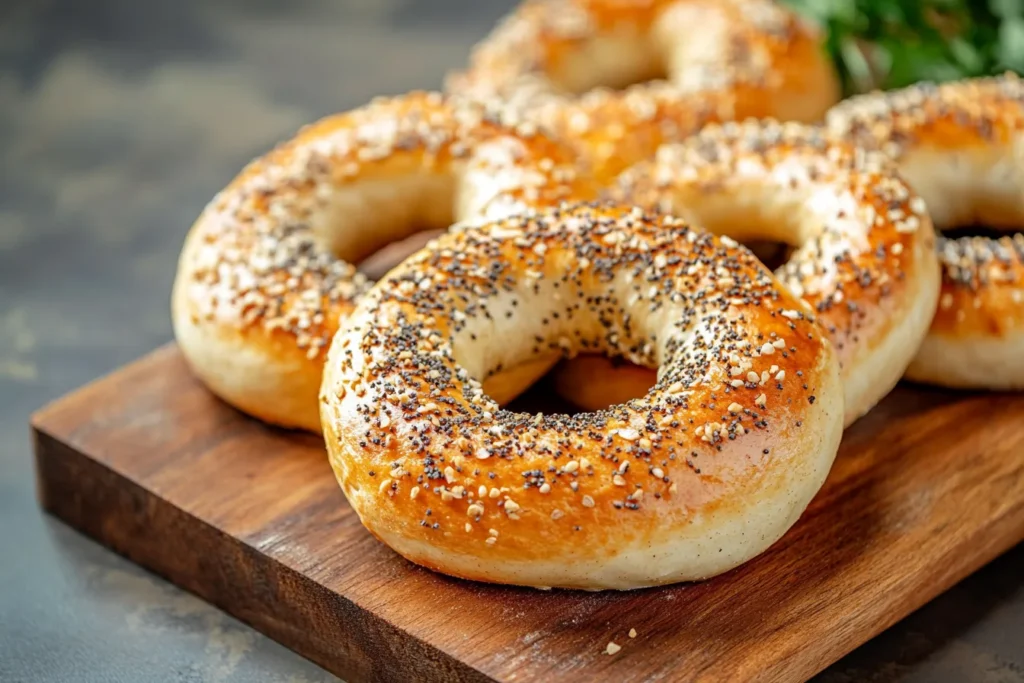 Freshly baked protein bagels on a wooden board