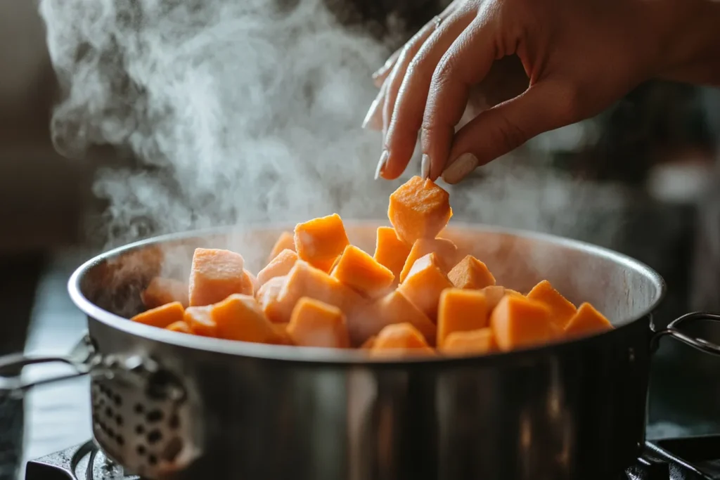Sweet potato cubes being placed in a steamer basket