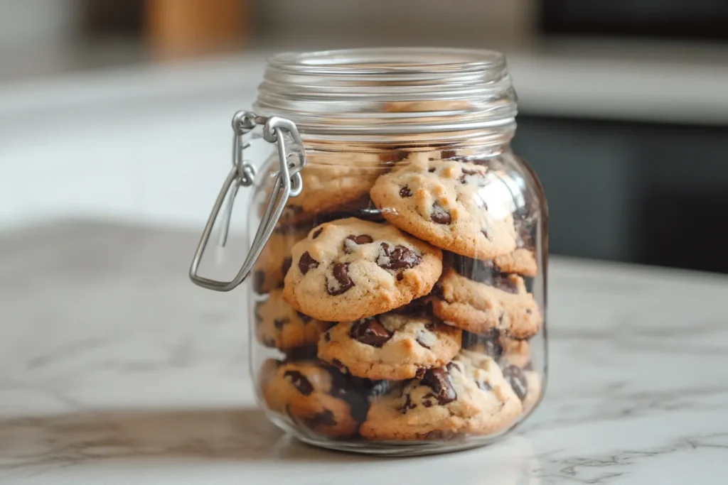“Cookies stored in a glass jar on a kitchen counter”