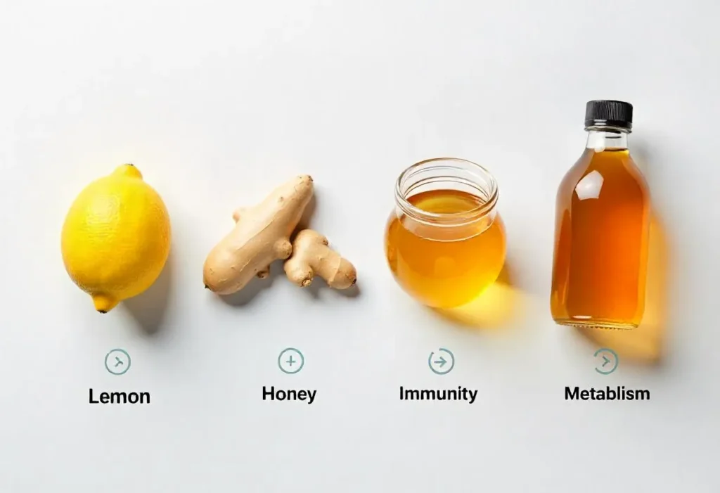 Illustrated health benefits of lemon, ginger, and vinegar