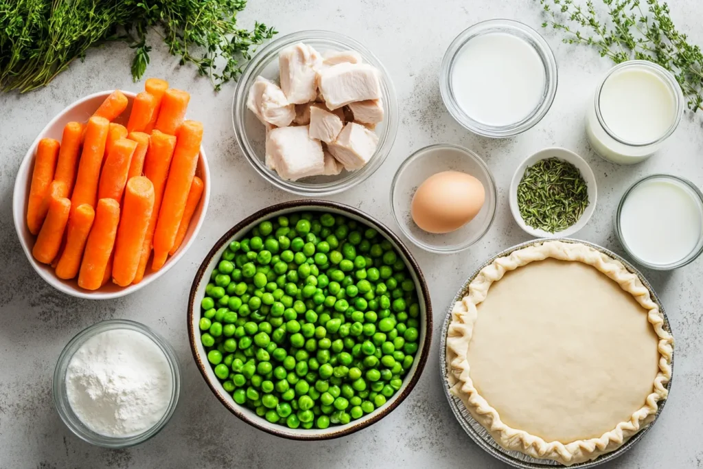 Ingredients laid out for chicken pot pie