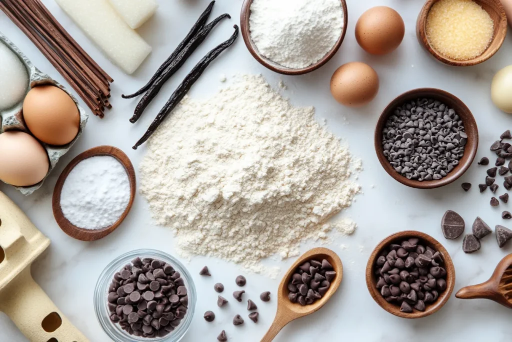 Baking ingredients for cookie cake laid out