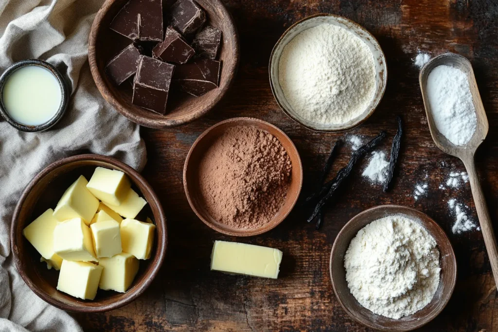 Brownie batter ingredients laid out on a wooden counter