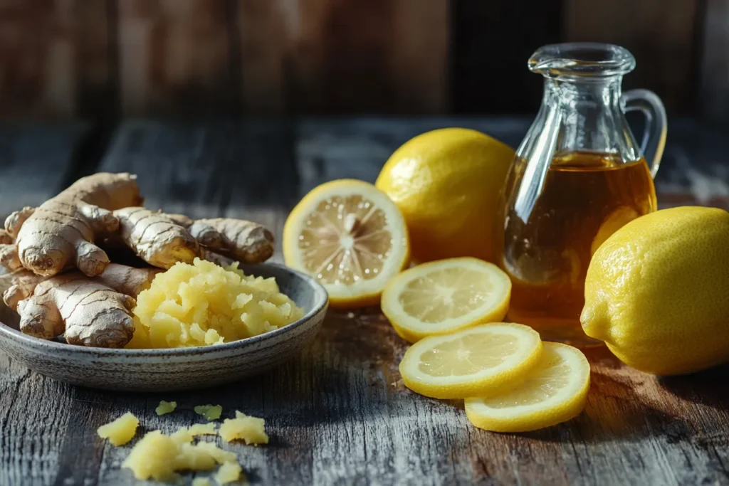 Apple cider vinegar, lemon, and ginger on a wooden table