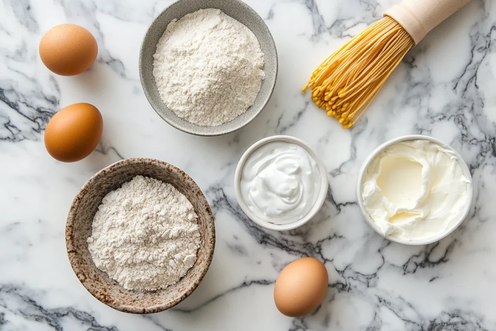 Protein bagel ingredients on a marble countertop